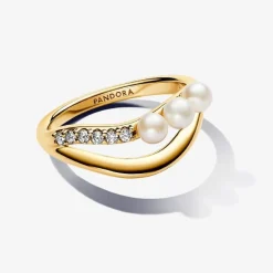 Pandora Bague<Anneau Double de Forme Organique et Perles de Culture