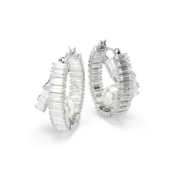 Swarovski Boucles D'Oreilles<Anneaux d'oreilles Ariana Grande x , Crystal Pearl, Taille baguette, Blanches, Métal rhodié