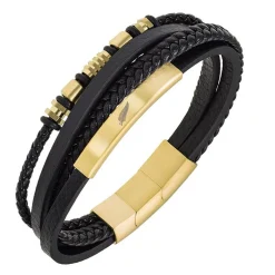 All Blacks Bijoux Bracelet<Bracelet Homme - 682315 Acier, Cuir Couleur Doré, Noir