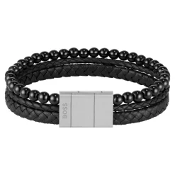 Boss Bijoux Bracelet<Bracelet Homme Sphere Mixed-1580786 Acier, Cuir Argent, Noir