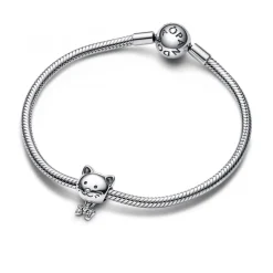 Pandora Charms<Charm argenté chat et nœud scintillant