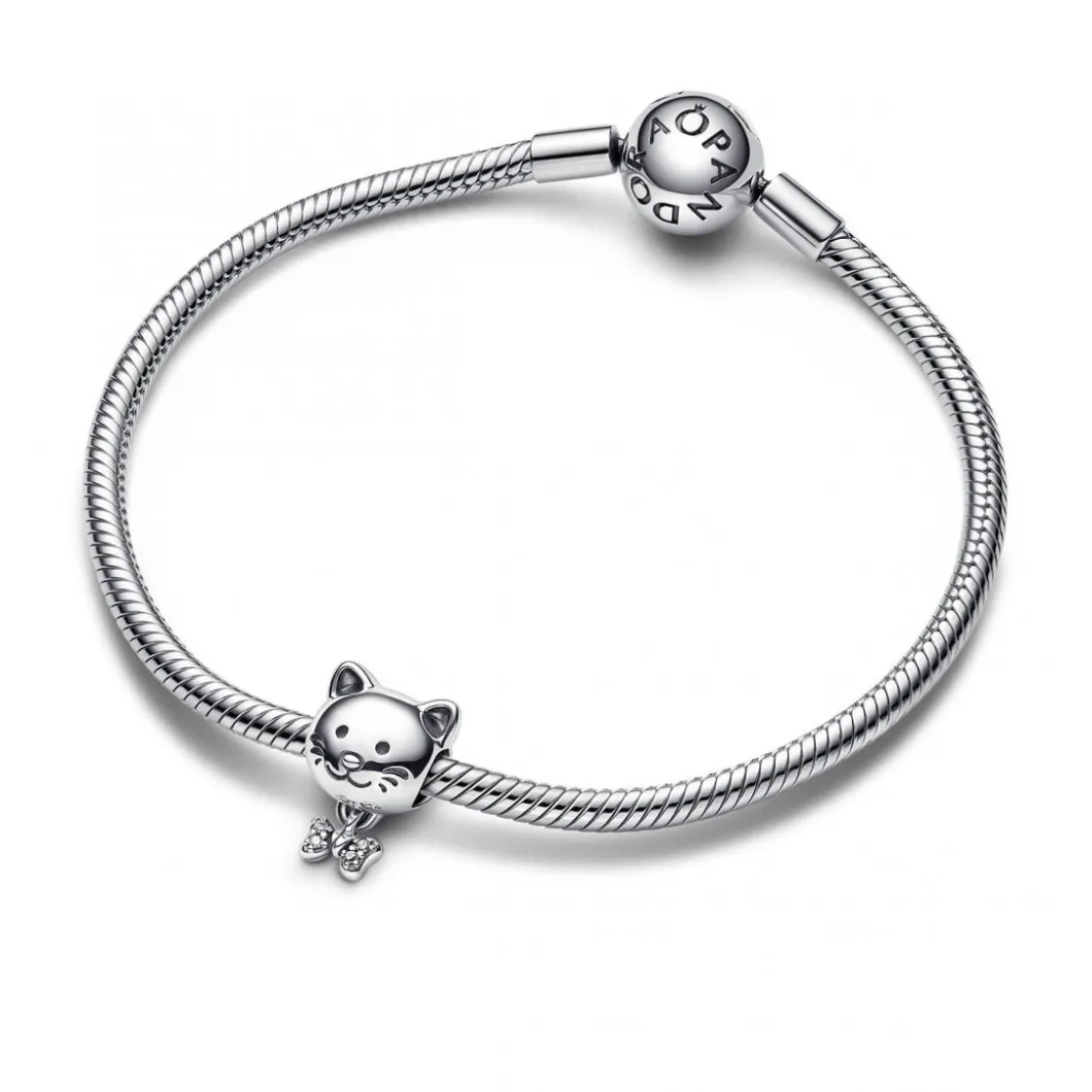 Pandora Charms<Charm argenté chat et nœud scintillant