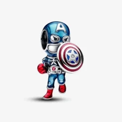 Pandora Charms<Charm Captain America en argent sterling zircons transparents et rouges, émail rouge et bleu Marvel x