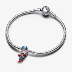 Pandora Charms<Charm Captain America en argent sterling zircons transparents et rouges, émail rouge et bleu Marvel x
