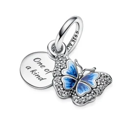 Pandora Charms<Charm double pendant Moments Papillon bleu & Citation - Argent 925/1000ᵉ