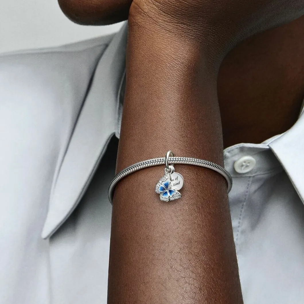 Pandora Charms<Charm double pendant Moments Papillon bleu & Citation - Argent 925/1000ᵉ