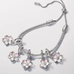 Pandora Charms<Charm fleur de cerisier en argent sterling avec zircons roses et émail rose Timeless