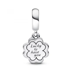 Pandora Charms<Charm Pendant Double Argent et Rose Trèfle à Quatre Feuilles de l'Amitié