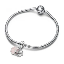 Pandora Charms<Charm Pendant Double Argent et Rose Trèfle à Quatre Feuilles de l'Amitié