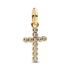 Pandora Charms<Charm pendante croix en métal doré à l’or fin 585/1000, serti d’un zircon cubique transparent
