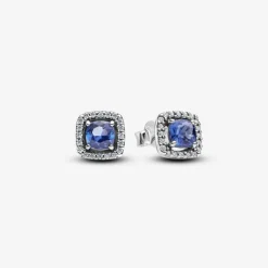 Pandora Boucles D'Oreilles<Clous d’Oreilles Halo Bleu Carré Scintillant