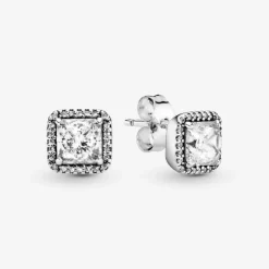 Pandora Boucles D'Oreilles<Clous d'Oreilles Halo Scintillant Carrés Signature