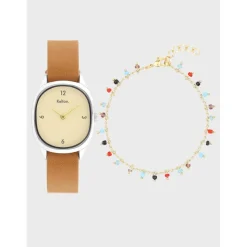 Kelton Montre Cuir<Coffret x Nilaï - Montre Colorama Crème Marron / Bracelet Gypsy multicolore or