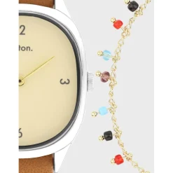 Kelton Montre Cuir<Coffret x Nilaï - Montre Colorama Crème Marron / Bracelet Gypsy multicolore or