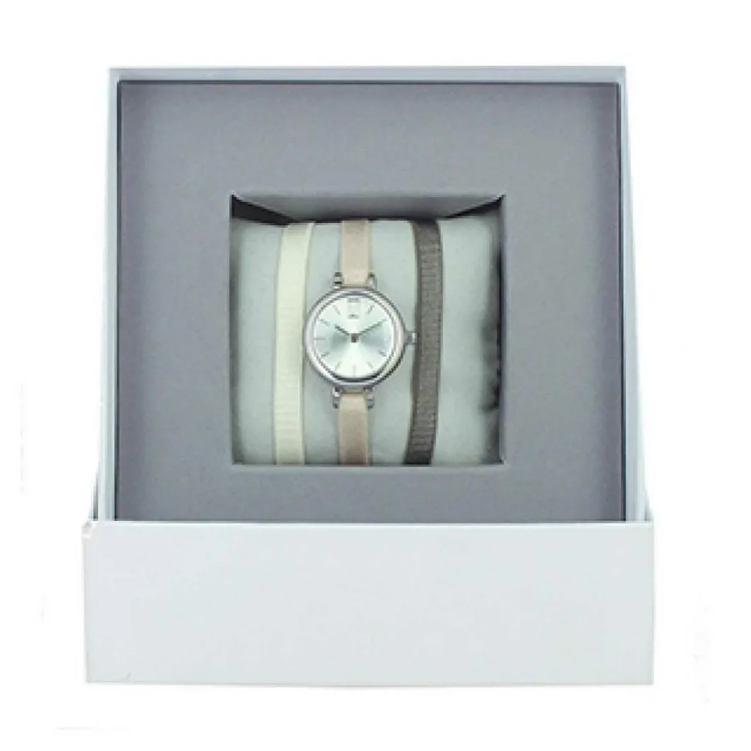 Les Interchangeables Montre Fabriquée En France<Coffret A56937 - Montre Ruban Bracelet Crème Boîtier Argenté Palladium