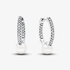 Pandora Boucles D'Oreilles<Créoles femme argent sterling avec zircons et perle Timeless
