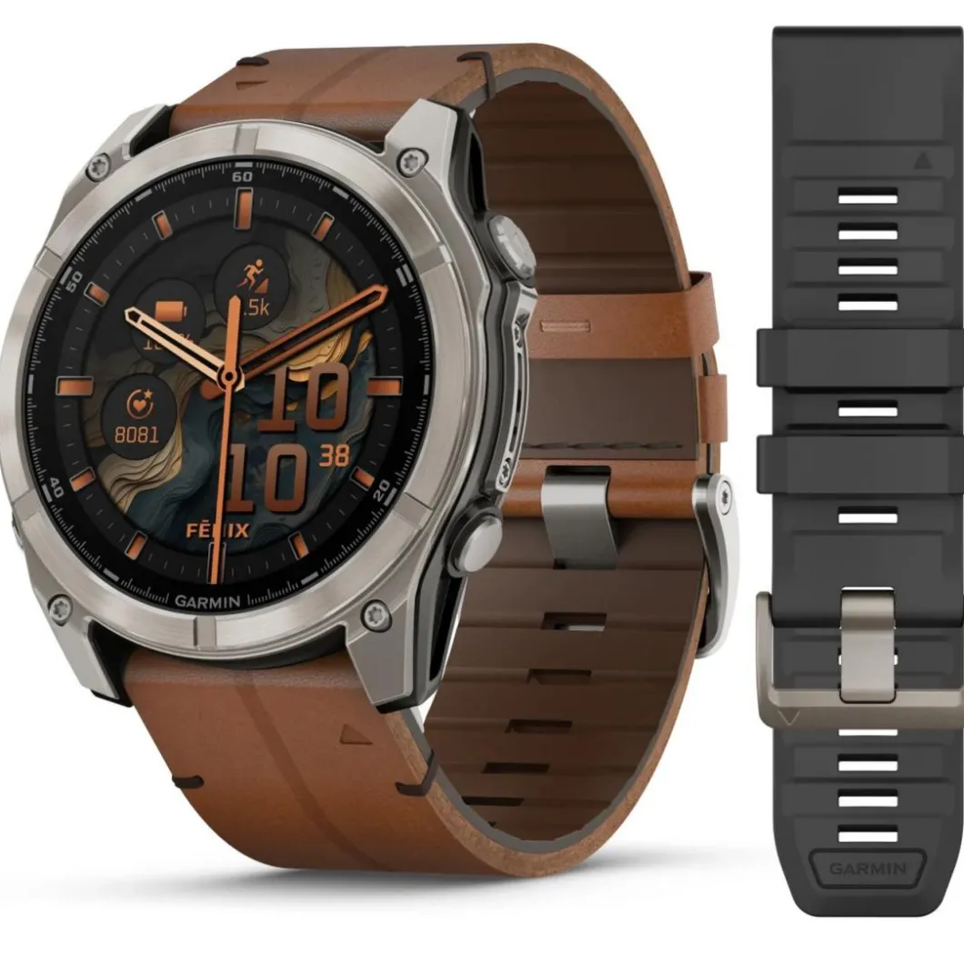 Garmin Montre Connectée|Montre Cuir<Montre Connectée - 010-02905-40 Fēnix 8 Amoled - 51Mm - Sapphire, Titane, Carbon Gray Dlc Avec Bracelet Cuir Marron + Bracelet Silicone Noir