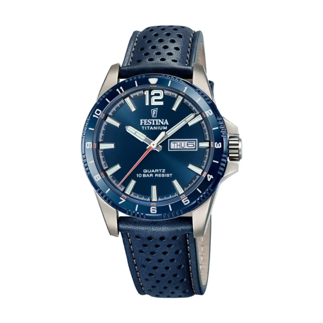Festina Montre Cuir<Montre Homme Calendario Titanium - F20699-2 Bracelet Cuir Bleu Marine