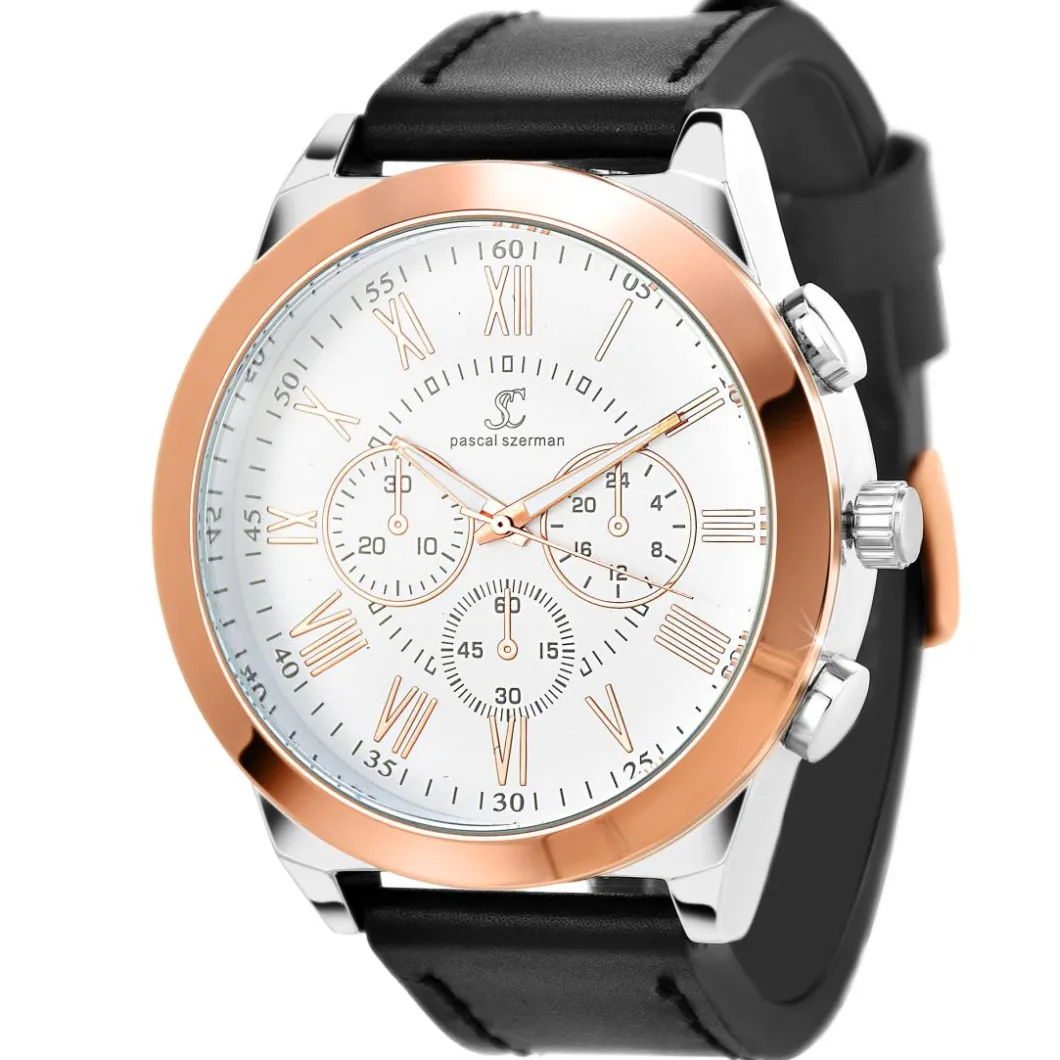 So Charm Montres Montre Cuir<Montre homme quartz par Pascal Szerman dorée rose fond blanc