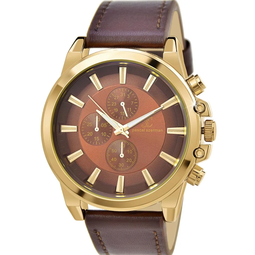 So Charm Montres Montre Cuir<Montre homme quartz par Pascal Szerman dorée et marron