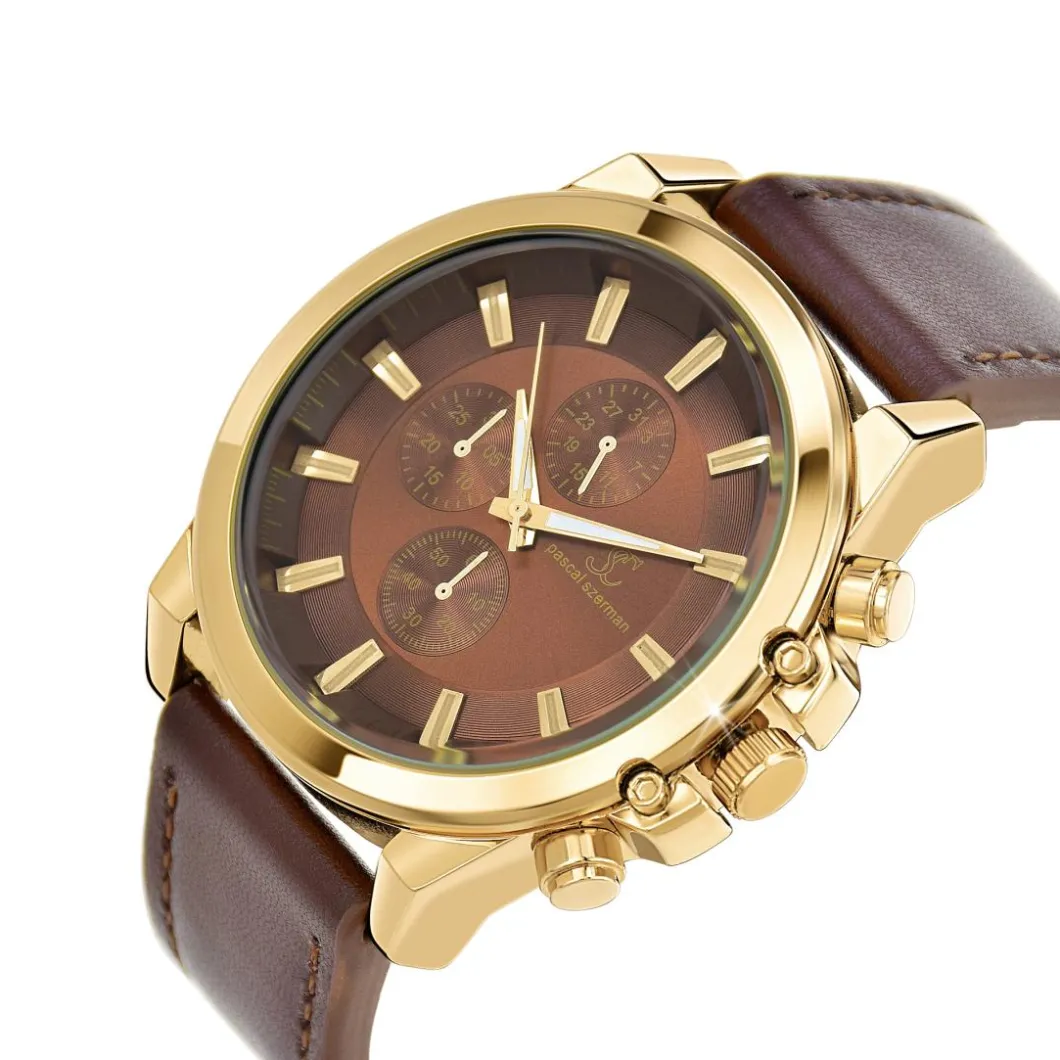 So Charm Montres Montre Cuir<Montre homme quartz par Pascal Szerman dorée et marron
