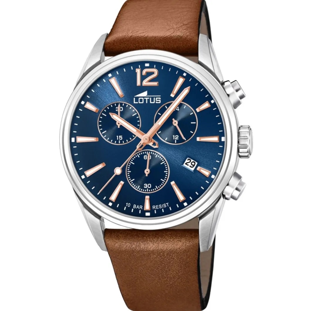Lotus Montre Cuir<Montre L18691-2 - CHRONO Dateur,Chronographe Cuir Marron Cadran Bleu Homme