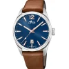 Lotus Montre Cuir<Montre L18693-2 - Dateur Boîtier Acier Argenté Bracelet Cuir Marron Cadran Bleu Homme