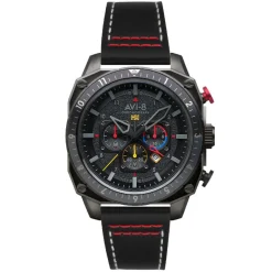 Avi-8 Montre Cuir<Montre pour homme Hawker Hunter Dual Time Chrono AV-4100-04 avec bracelet en cuir noir