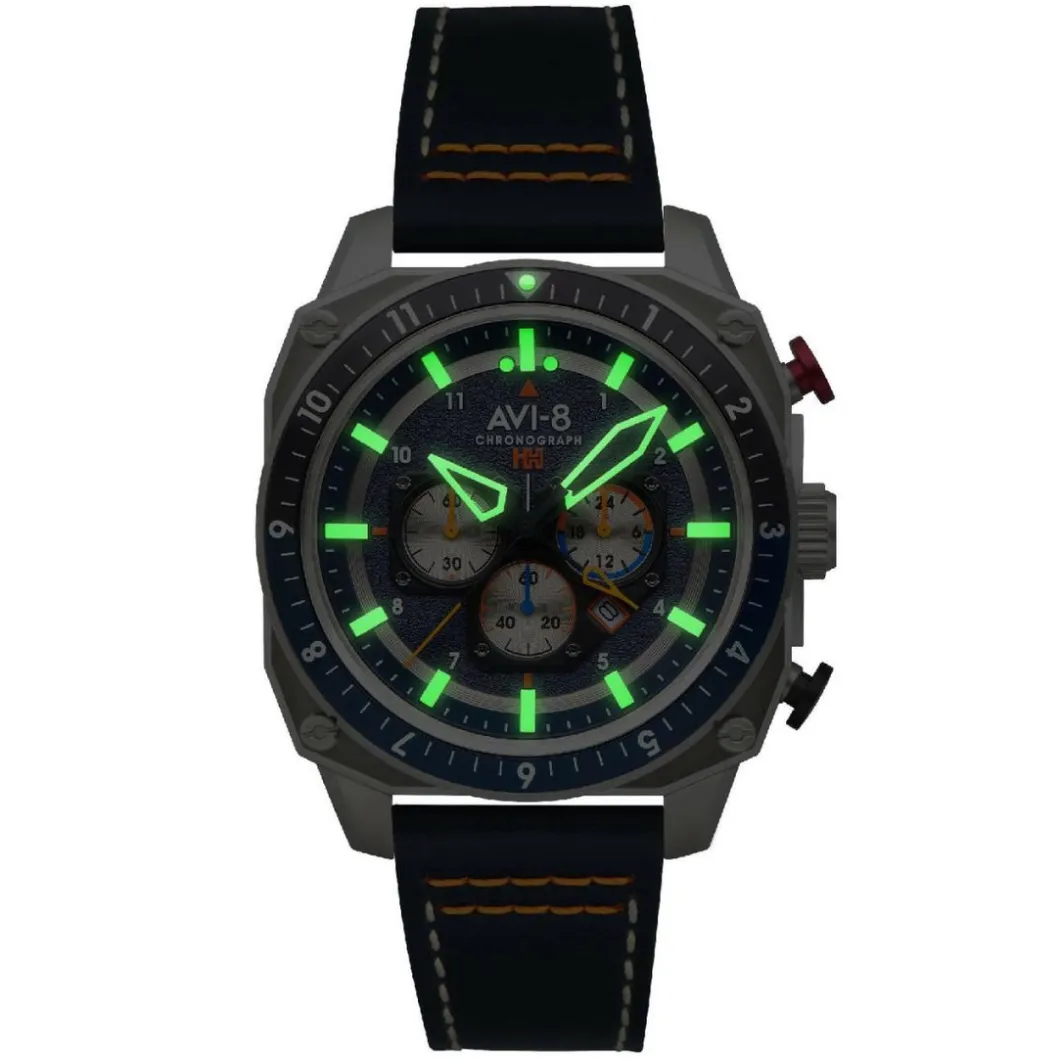 Avi-8 Montre Cuir<Montre pour homme Hawker Hunter Dual Time Chrono AV-4100-02 avec bracelet en cuir bleu